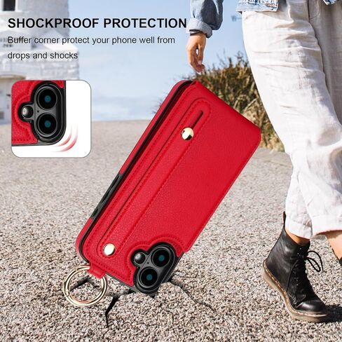 Folosu for iPhone 16 Plus Wallet Case with Card Holder, Hand Wrist Strap Loop Holder Kickstand, RFID Blocking Finger Grip Ring PU Leather Double Buttons Shockproof Cover 6.7" Purple in Kuwait
