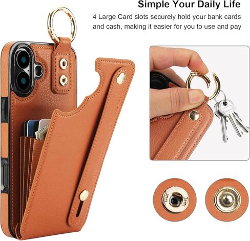 Folosu for iPhone 16 Plus Wallet Case with Card Holder, Hand Wrist Strap Loop Holder Kickstand, RFID Blocking Finger Grip Ring PU Leather Double Buttons Shockproof Cover 6.7" Purple in Kuwait