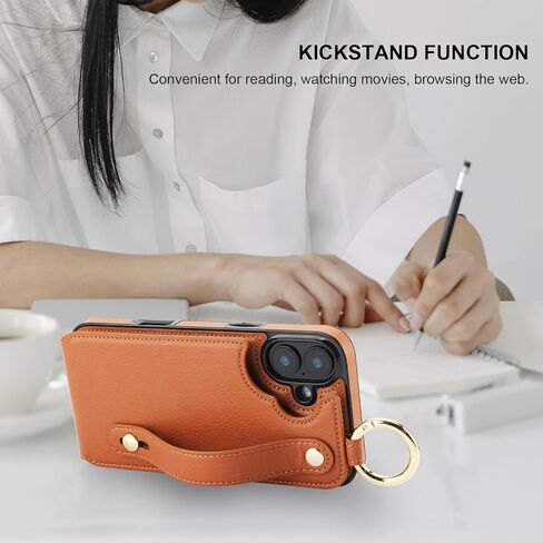 Folosu for iPhone 16 Plus Wallet Case with Card Holder, Hand Wrist Strap Loop Holder Kickstand, RFID Blocking Finger Grip Ring PU Leather Double Buttons Shockproof Cover 6.7" Purple in Kuwait