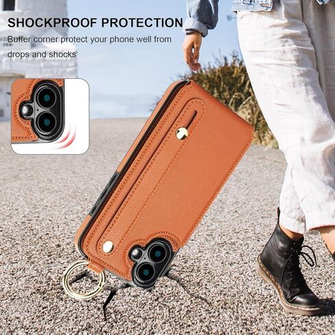 Folosu for iPhone 16 Plus Wallet Case with Card Holder, Hand Wrist Strap Loop Holder Kickstand, RFID Blocking Finger Grip Ring PU Leather Double Buttons Shockproof Cover 6.7" Purple in Kuwait