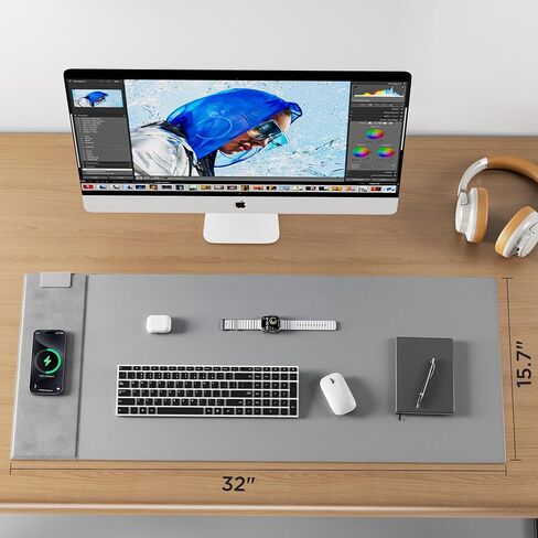 Large Gaming Mouse Pad Keyboard pad Desk Mat with 15W Wireless Charging pad Non-Slip Dual-Sided PU Leather PC Keyboard Mat Waterproof Desk Writing Pad for Office and Home in Saudi Arabia