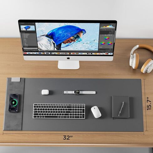 Large Gaming Mouse Pad Keyboard pad Desk Mat with 15W Wireless Charging pad Non-Slip Dual-Sided PU Leather PC Keyboard Mat Waterproof Desk Writing Pad for Office and Home in Saudi Arabia