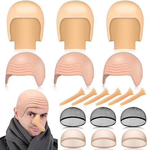 Yunlly 18 Pcs Bald Caps Halloween Makeup Latex Bald Head Wig Cap Long Fake Nose Accessory Bald Cap for Men Women Costume in Saudi Arabia