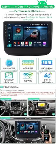 ASURE 8core 4+64GB راديو ستيريو للسيارة متوافق مع موديلات شيفروليه إكوينوكس 2018، 2019، 2020، وحدة ملاحة بنظام تحديد المواقع العالمي (GPS) مقاس 10.1 بوصة مع Carplay Android Auto، شاشة لمس 1280x800 in Kuwait