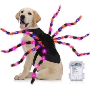 JaGely Halloween Costume for Dog, Dog Spider Costume with 64 LED Purple Lights, Light up Furry Costumes for Medium Large Dogs Funny Cosplay Costume Halloween Party