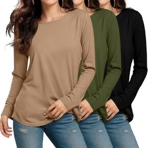 Ficerd 3 Pcs Women's Long Sleeve Shirts Crew Neck Tops Basics Tee 2024 Fall Loose Fit Blouses Curved Hem Design