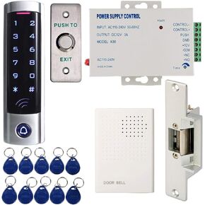 Full Complete Access Control System Kit with Touch Keypad Power Supply Strike Lock Exit Button Door Bell Keyfobs for Single Door