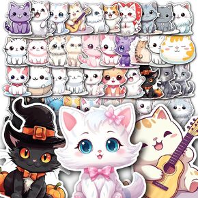 Evercio 50 Pcs Cute Cat Vynil Stickers | Gift for Kids Book Lovers Birthday Party | Kawaii Waterproof Cats Stickers for Water Bottle Kindle Ebook Laptop Phone Skateboard Bicycle Guitar Unique Designs