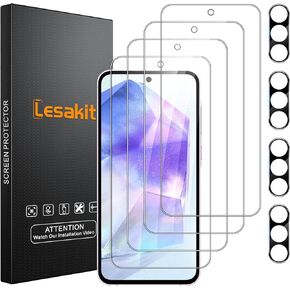 4+4 Pack Samsung Galaxy A55 5G Screen Protector, 4 Pack Tempered Glass Screen Protector with 4 Pack Camera Lens Protector, 9H Hardness Anti-Fingerprint Case Friendly Bubble Free