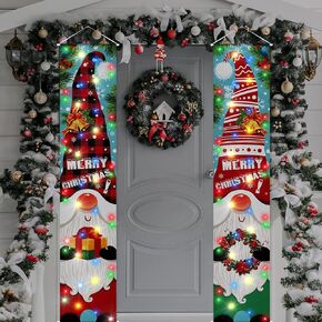 2 Pieces Outdoor Christmas Decorations Xmas Hanging Porch Signs Banner Winter Holiday Door Banner Decoration with Light Strings and Pins for Yard Front Door Home Garage Wall Decor (Santa, Snowman)