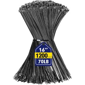Zip Ties, RAZCC 1200pcs Black Cable Zip Ties 16 Inch, Heavy Duty Plastic Wire Ties with 70lb Tensile Strength, Self-Locking Black Nylon Tie Wraps for Indoor and Outdoor