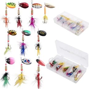 Goture 10/14/16Pcs Fishing Lure Spinner Baits with Tackle Box, Bass Trout Lure Salmon Hard Metal Spinner Baits Kit, Rooster Tail Fishing Lures