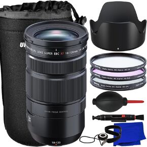 حزمة عدسات Ultimaxx Essential FUJIFILM XF 18-120 مم f/4 LM PZ WR - تتضمن: طقم مرشح حماية 3 قطع (الأشعة فوق البنفسجية، CPL، FL-D)، حقيبة عدسة مقاومة للماء، غطاء عدسة، حافظة غطاء العدسة والمزيد (حزمة 13 قطعة) in Kuwait