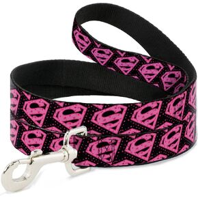 Dog Leash Diagonal Superman Logo Hearts Black Pink 6 Feet Long 1.5 Inch Wide