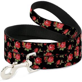 Dog Leash Red Roses Scattered Black 4 Feet Long 1.0 Inch Wide