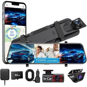 كاميرا داش مرآة مقاس 10 بوصات للسيارة 3 قنوات مع كاميرا أمامية وخلفية بدقة 4K مع نظام تحديد المواقع واي فاي ومساعدة عكسية بالأشعة تحت الحمراء للرؤية الليلية ومستشعر G وشاشة وقوف السيارات بفاصل زمني WDR