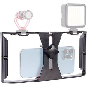 Smartphone Video Cage Rig, HuaerHui Handheld Phone Video Filmmaking Vlogging Stabilizer Grip Tripod Mount Fits Most Phones, with Cold Shoe Mounts, 1/4in Screw Holes to Connect LED Lights/Microphones