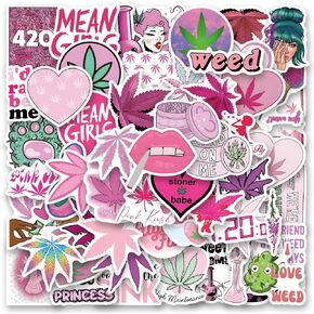 60PCS Pink Weed Stickers Vinyl Aesthetics Stickers for Scrapbooking, Diary, Laptop, Bumper, Skateboard, Water Bottle, Computer, Phone, Cartoon, Hard hat, Car Stickers and Decals