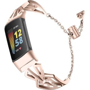 FitTurn Compatible with Fitbit Charge 6/Charge 5 Band for Women Replacement Bling Metal Strap Stainless Steel Metal Jewelry Bangle Wrist Strap Bracelet Rhinestone Accessories for Charge 6/Charge 5 Wristband