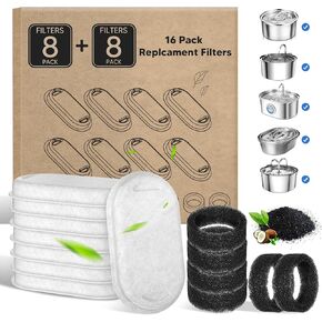 Cat Water Fountain Filters: 16 Pack Cat Fountain Replacement Filters for Stainless Steel 2L/3.2L Pet Fountain Filter Replacement, Compatible with Most Models on The Market (8+8 Pack)