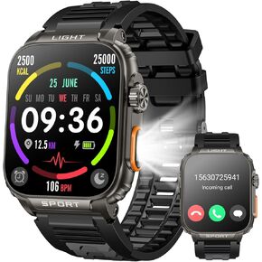 smartwatch for men android fitness Tracker: 1.91" Military Smart Watch with Strong Flashlight Make Answer Bluetooth Call Android Phone iPhone Compatible IP68 Waterproof Step Tracker Heart Rate Monitor