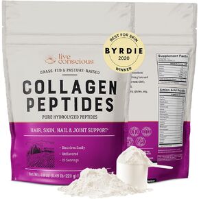Live Conscious Collagen Peptides Powder Unflavored Packets-Hydrolyzed Collagen Powder-Hair, Skin, Nail, & Joint Support-Type I & III Grass-Fed Collagen Supplements for Women and Men - Pack of 20 (2Pk)