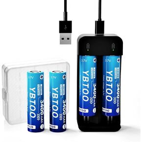 Universal 18650 Rechargeable Flat Top Battery Charger Set, 4 Pack 3400 mAh 3.7Volt Rechargeable Batteries for LED Flashlight Headlamp, Remote Controls,etc.
