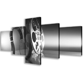 Movie Theater Decor Black and White Pictures Metal Film Reel Paintings for Living Room Movie Poster Artwork 5 Panel Print Canvas Movie Stripe Wall Art Giclee for Home Framed Ready to Hang(60''Wx32''H)