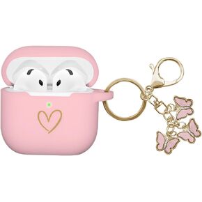 Compatible with AirPods 4 Case Cover 2024, Soft Silicone Case with Gold Heart Pattern for AirPods 4th Generation Case with Cute Butterfly Keychain for Girls Women (Purple)