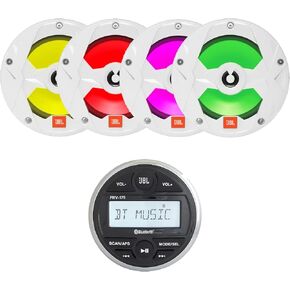 JBL PRV-175 Marine Gauge Hole Mount USB Bluetooth AM/FM Digital Stereo Receiver, Built-in Bluetooth, 2 x JBL 6.5" 2-Way Multi-Element White Boat RGB LED Speakers (2 Pairs)