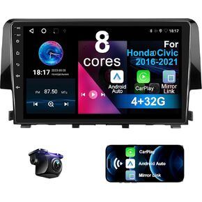 Car Stereo for Honda Civic 2016-2021 4+32G 8 Core with Wireless CarPlay Android Auto, 9 inch IPS Touchscreen Bluetooth Car Radio Player with Backup Camera, AM/FM/RDS, AUX, DSP, SWC,HiF
