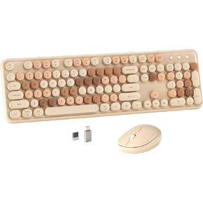 Colorful Wireless Computer Keyboard and Mouse Combo with Round Typewriter Keycaps, Retro Design, Power Switch, Ergonomic Design, 2.4GHz Wireless for Windows, Mac, PC(Milk-Tea Colorful)