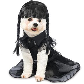 Coume 3 Pcs Halloween Dog Costumes for Medium Dog with Belt and Wig Black Cute Pet Costume Dress for Puppy Dogs Cats Cosplay Halloween Birthday Party Outfit
