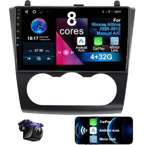 Car Stereo for Nissan Altima 2008-2012 Manual A/C 8 Core 4+32G Android 12 with Wireless CarPlay Android Auto, 9 inch 1280X720 IPS Touchscreen Car Radio with Backup Camera, AM/FM/RDS, DSP, SWC