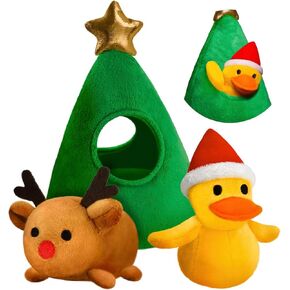 Hide and Seek Plush Dog Toys for Boredom, Crinkle Squeaky Fun Christmas Tree Burrow, Colorful Interactive Dog Toy Puzzle for Small & Medium Breeds - Duck and Reindeer