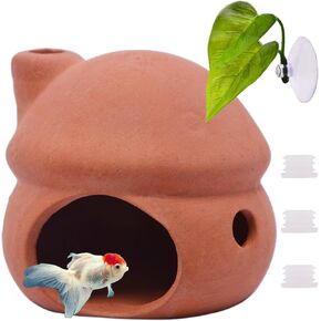 Saim Pleco Caves Betta Fish Tank Accessories, Ceramics Mushroom House Aquarium Decorations Smalland Shrimp Breeding Cave (No Paint + Betta Fish Leaf Pad+Silicone Plug)
