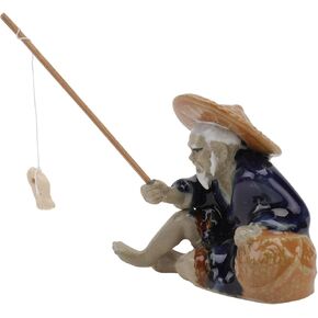 Ceramic Mini Fisherman Figurine Sitting Fishing Old Man Statue Asian Chinese Aquarium Zen Garden Decorations, 6x5.5cm, 0OQLIA1NK3403402QBD