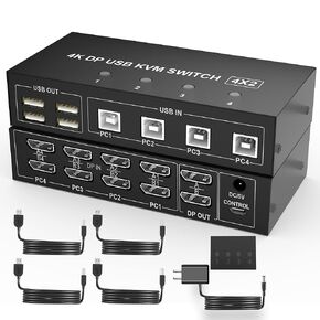 4 Port HDMI + DisplayPort KVM Switch Dual Monitor, UHD 4K@60Hz, KVM Switch 2 Monitors 4 Computers with 4 USB 2.0 Hub, Keyboard Video Mouse Peripherals Switcher for 4 PCs Dual Monitors