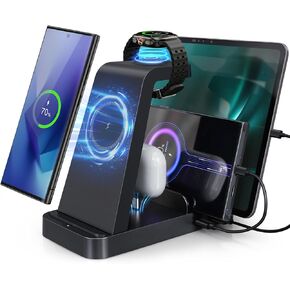 5 in 1 Wireless Charger for Samsung, Wireless Charging Station for Multiple Devices, Fast Charger Stand Dock, for Samsung Galaxy S24 Ultra S23 S22 S20 Note 20 10 Z Fold 6 Galaxy Watch 7 6 5 Buds,Black