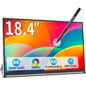 18.4 Inch Portable Monitor Touchscreen 4k，3840 x 2160 10bits，Anti-Glare，Optical bonding，MPP Stylus Pen Compatible,Laptop External Screen HDR Eye Care Gaming Computer Display for Laptop