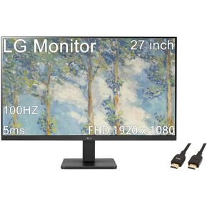 LG 27 inch Monitor, FHD (1920 x 1080) IPS Display, 100Hz, 5ms, AMD FreeSync Premium, 3-Side Virtually Borderless Design, HDMI, Black, with 5ave HDMI Cable