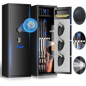Rifle Safe for Rifle and Pistols,Fingerprint Long Gun Safe for Rifle and Shotguns with Multi-Function Panel and Pistol Pouches,Gun Cabinet with LED&Dual Alarm and Mute Mode