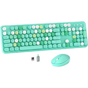 Colorful Wireless Computer Keyboard and Mouse Combo with Round Typewriter Keycaps, Retro Design, Power Switch, Ergonomic Design, 2.4GHz Wireless for Windows, Mac, PC(Green-Colorful)