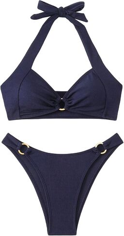 MakeMeChic Women's 2 Piece Ring Halter Swimsuit Tie Back High Cut Thong Bikini Sets Swimwear in Saudi Arabia