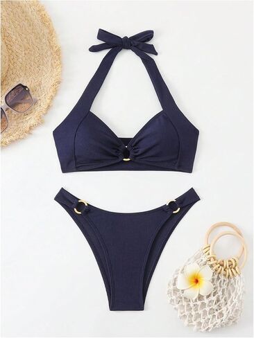 MakeMeChic Women's 2 Piece Ring Halter Swimsuit Tie Back High Cut Thong Bikini Sets Swimwear in Saudi Arabia