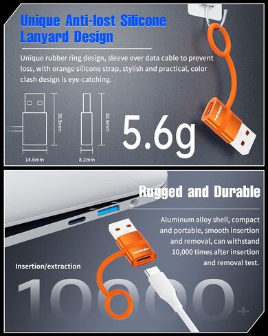 محول USB إلى USB C 2 حزمة، محول HOWJIM USB C أنثى إلى USB 3.0 ذكر بسرعة 5 جيجابت في الثانية، محول شحن سريع من النوع C لأجهزة M-acBook، وi-Phone 15 16، وi-Pad، وA-pple Watch، وA-irpods، وG -alaxy، حلقة مكافحة فقدان البرتقال in Kuwait