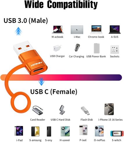 محول USB إلى USB C 2 حزمة، محول HOWJIM USB C أنثى إلى USB 3.0 ذكر بسرعة 5 جيجابت في الثانية، محول شحن سريع من النوع C لأجهزة M-acBook، وi-Phone 15 16، وi-Pad، وA-pple Watch، وA-irpods، وG -alaxy، حلقة مكافحة فقدان البرتقال in Kuwait
