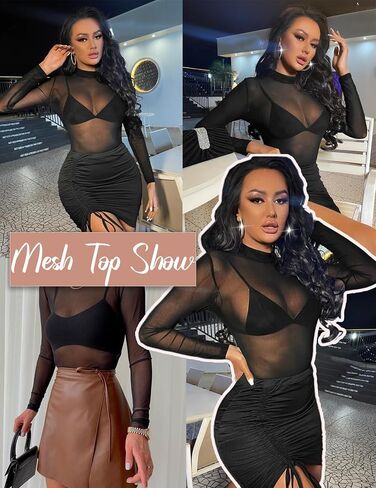 GAMISS Womens Mesh Long Sleeve Top Sheer Shirts Mock Neck See Through Undershirt Top Black Floral M in Kuwait