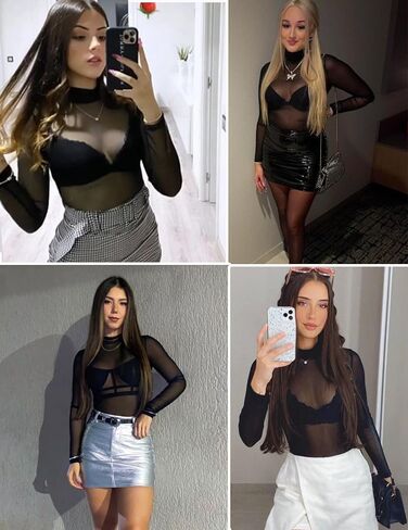 GAMISS Womens Mesh Long Sleeve Top Sheer Shirts Mock Neck See Through Undershirt Top Black Floral M in Kuwait