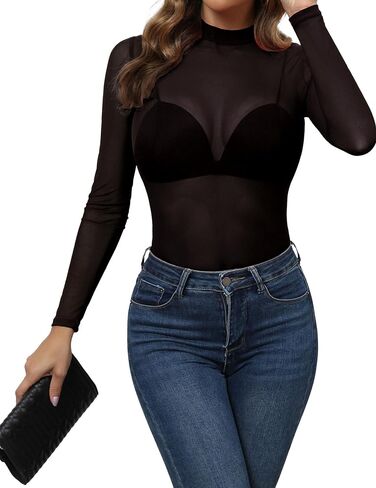 GAMISS Womens Mesh Long Sleeve Top Sheer Shirts Mock Neck See Through Undershirt Top Black Floral M in Kuwait